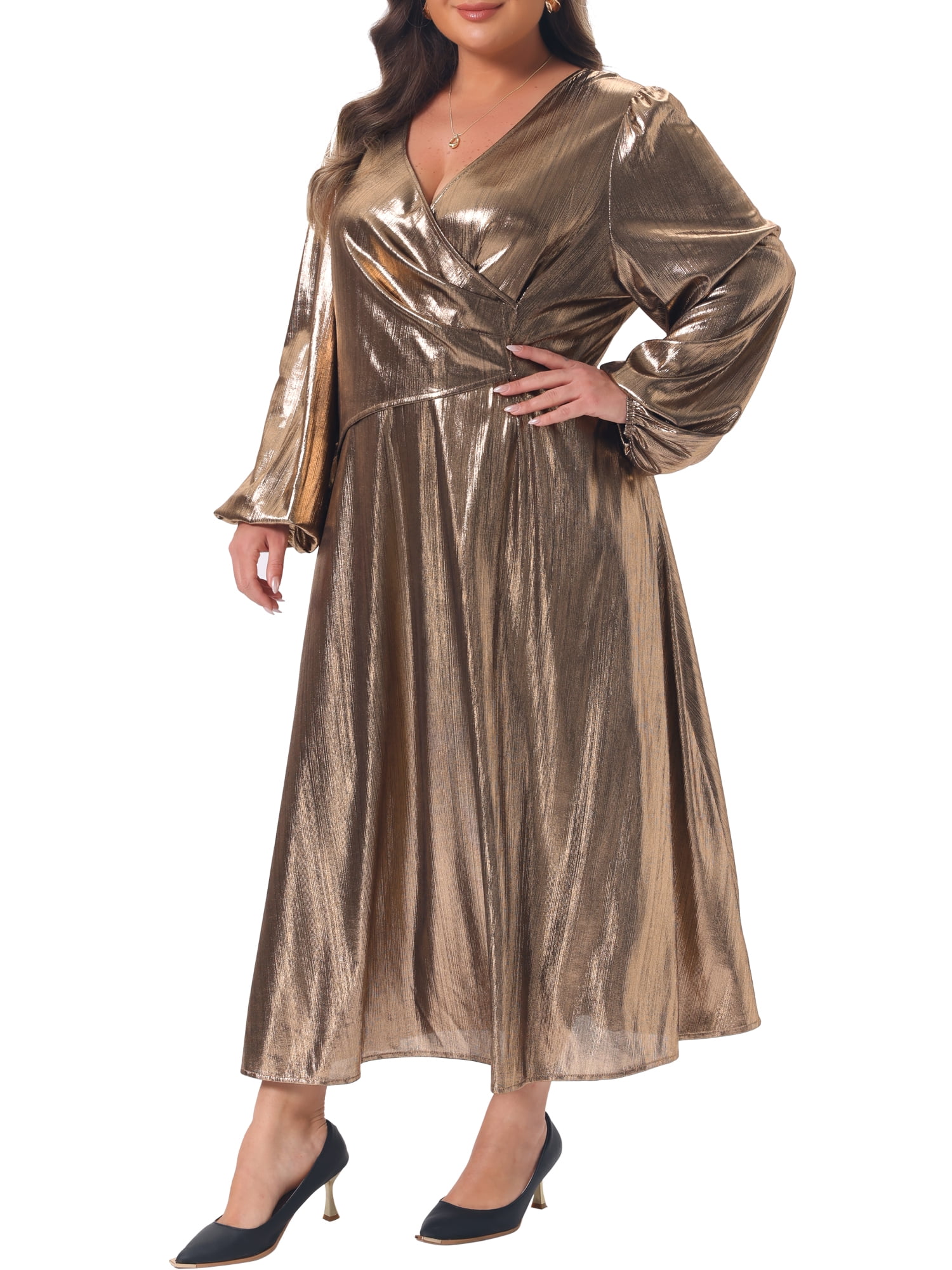 DARING DIVA Women's Plus Metallic A-Line V Neck Lantern Sleeve Dress L Gold