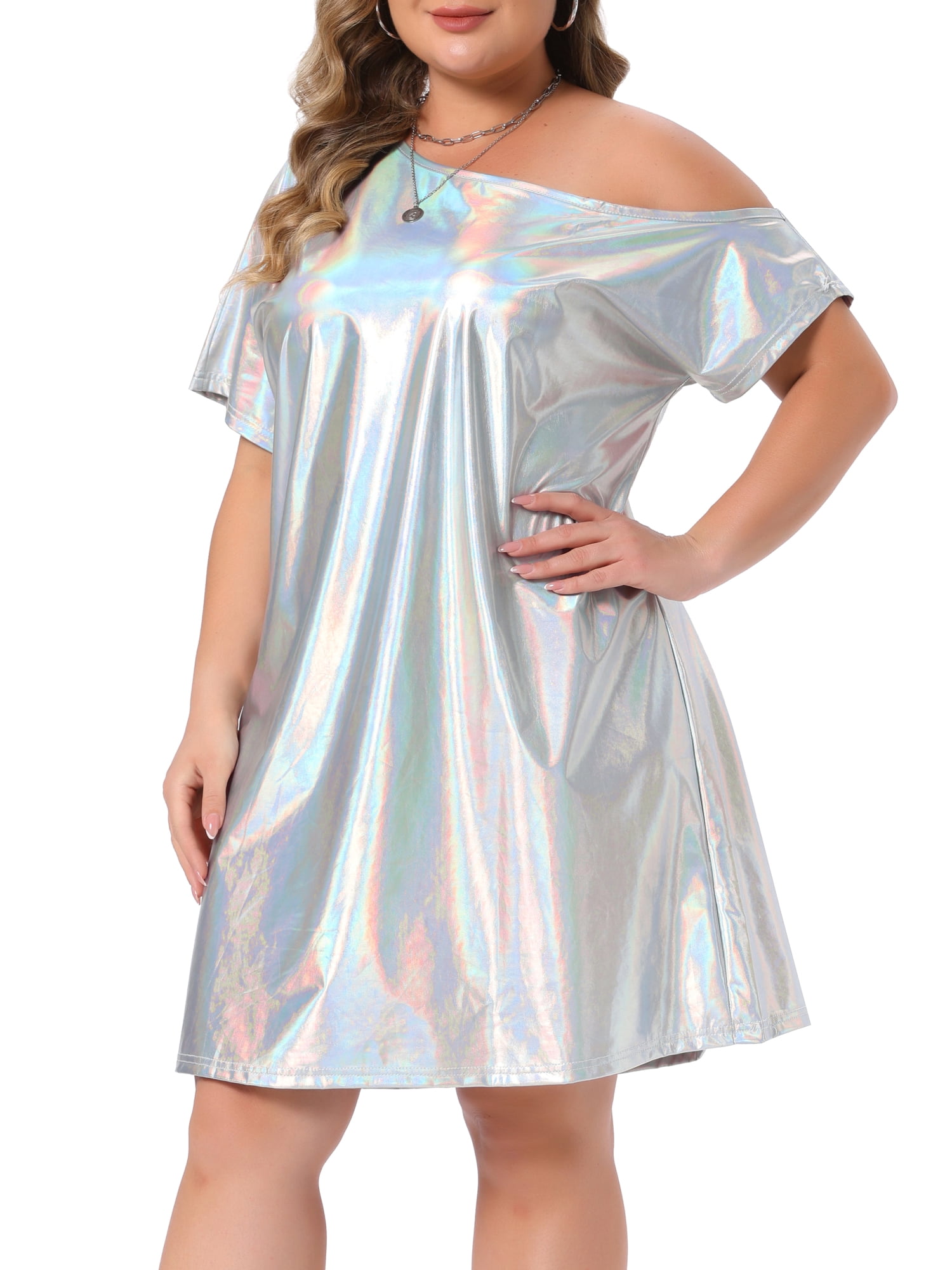 DARING DIVA Women's Plus Metallic Off the Shoulder Party Clubwear 2X Silver