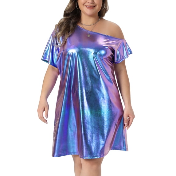 DARING DIVA Women's Plus Metallic Off the Shoulder Party Clubwear 1X Purple