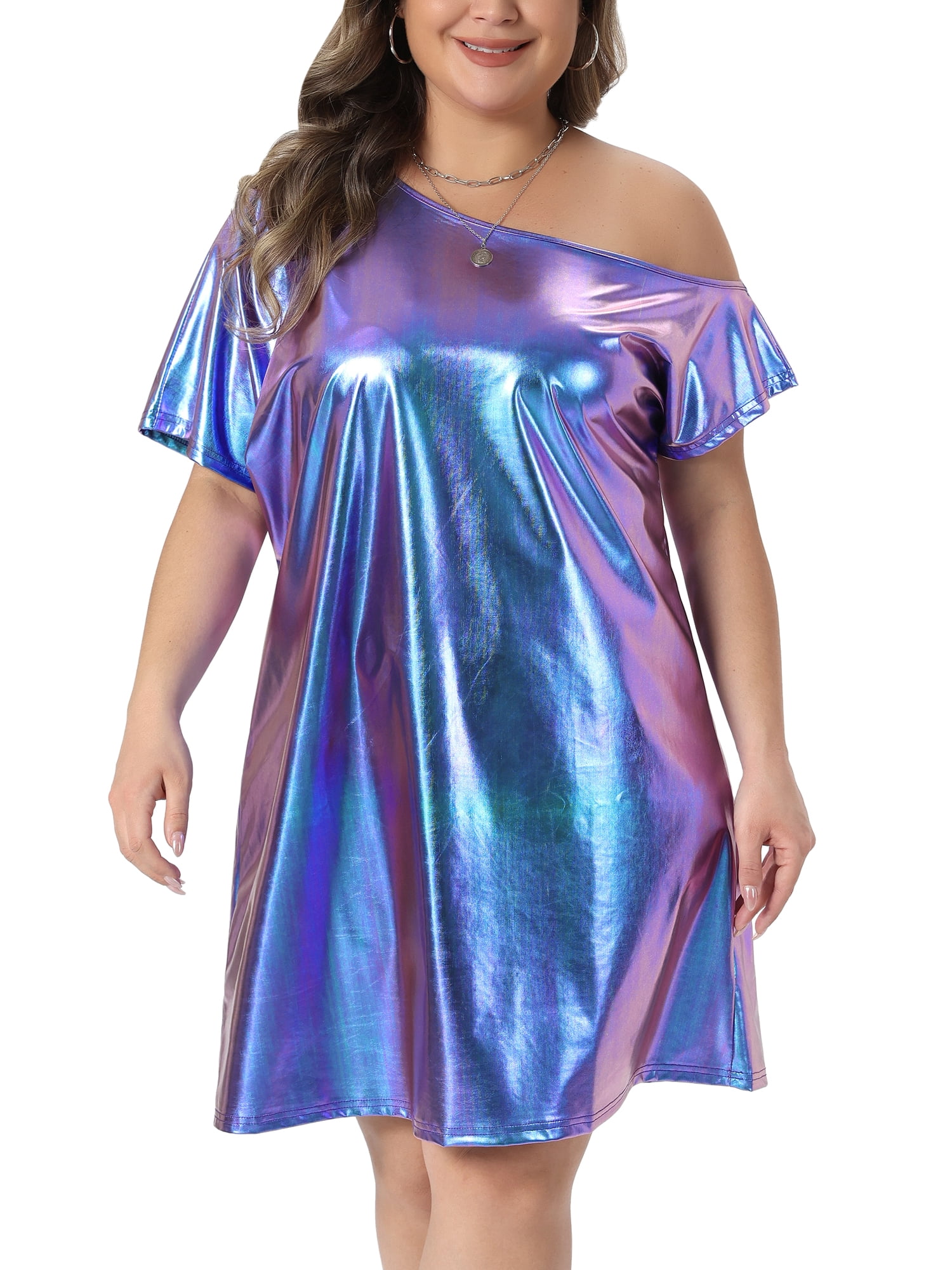 DARING DIVA Women's Plus Metallic Off the Shoulder Party Clubwear 3X Purple