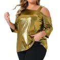 thumbnail image 1 of DARING DIVA  Women's Plus Metallic One Shoulder 3/4 Sleeve Shiny Blouse 1X Gold, 1 of 7