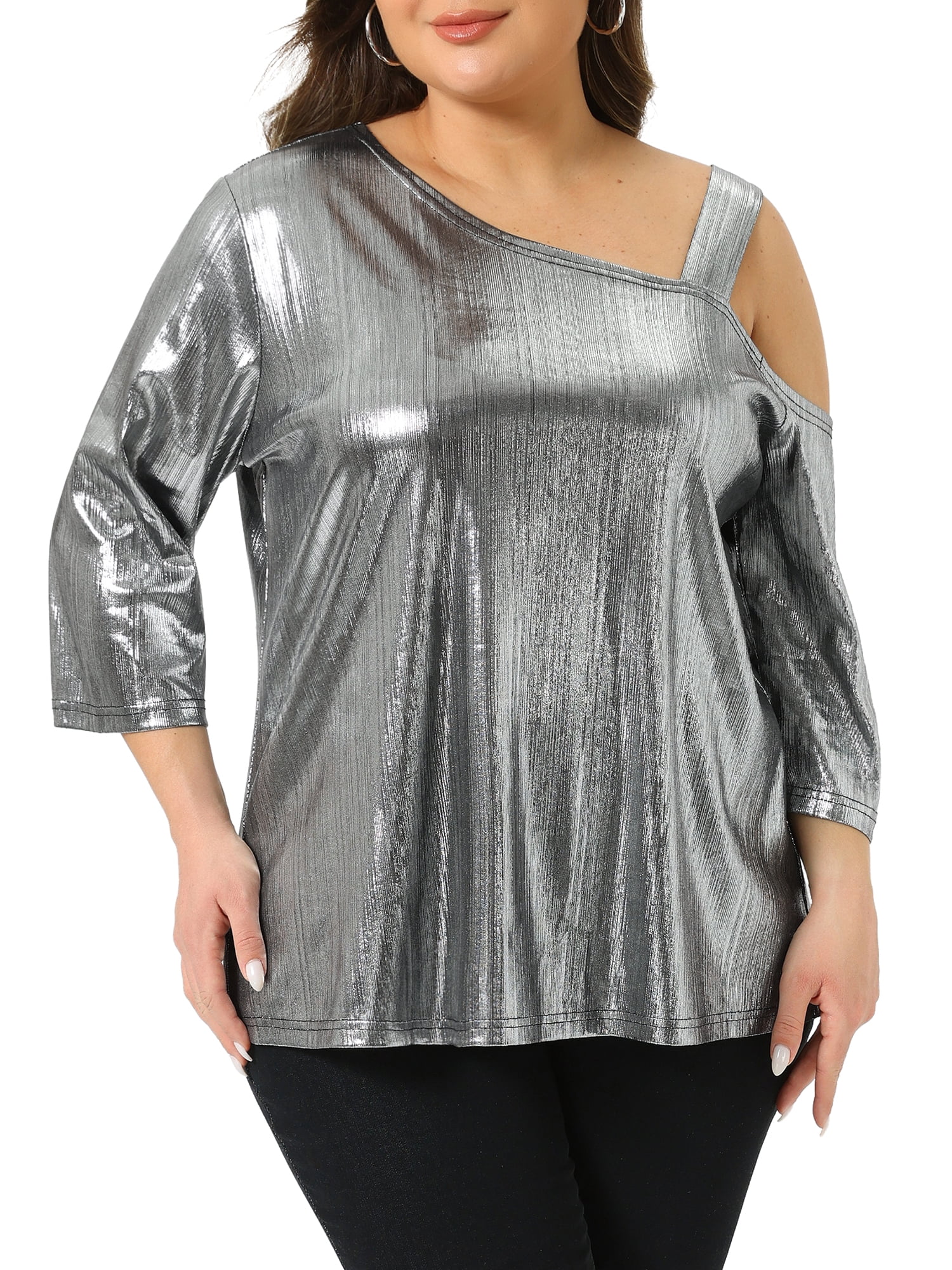 DARING DIVA  Women's Plus Metallic One Shoulder 3/4 Sleeve Shiny Blouse 1X Silver