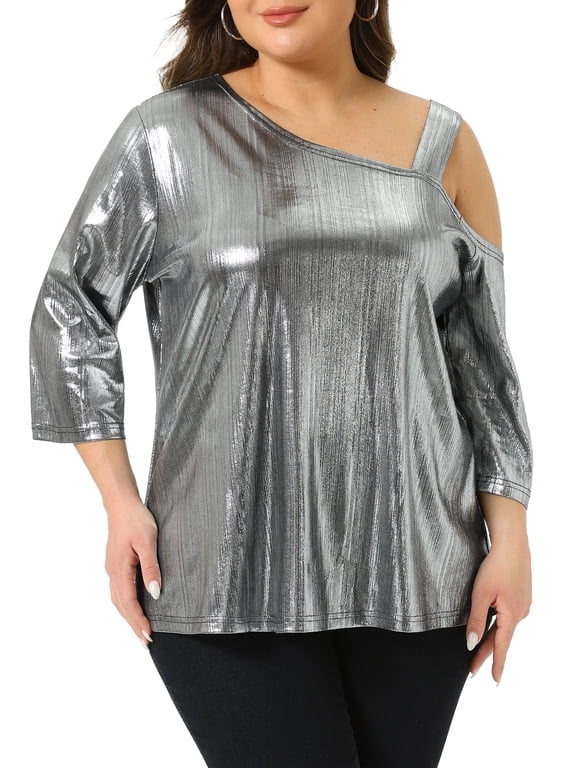 Women's Plus Metallic One Shoulder 3/4 Sleeve Shiny Blouse 2X Silver