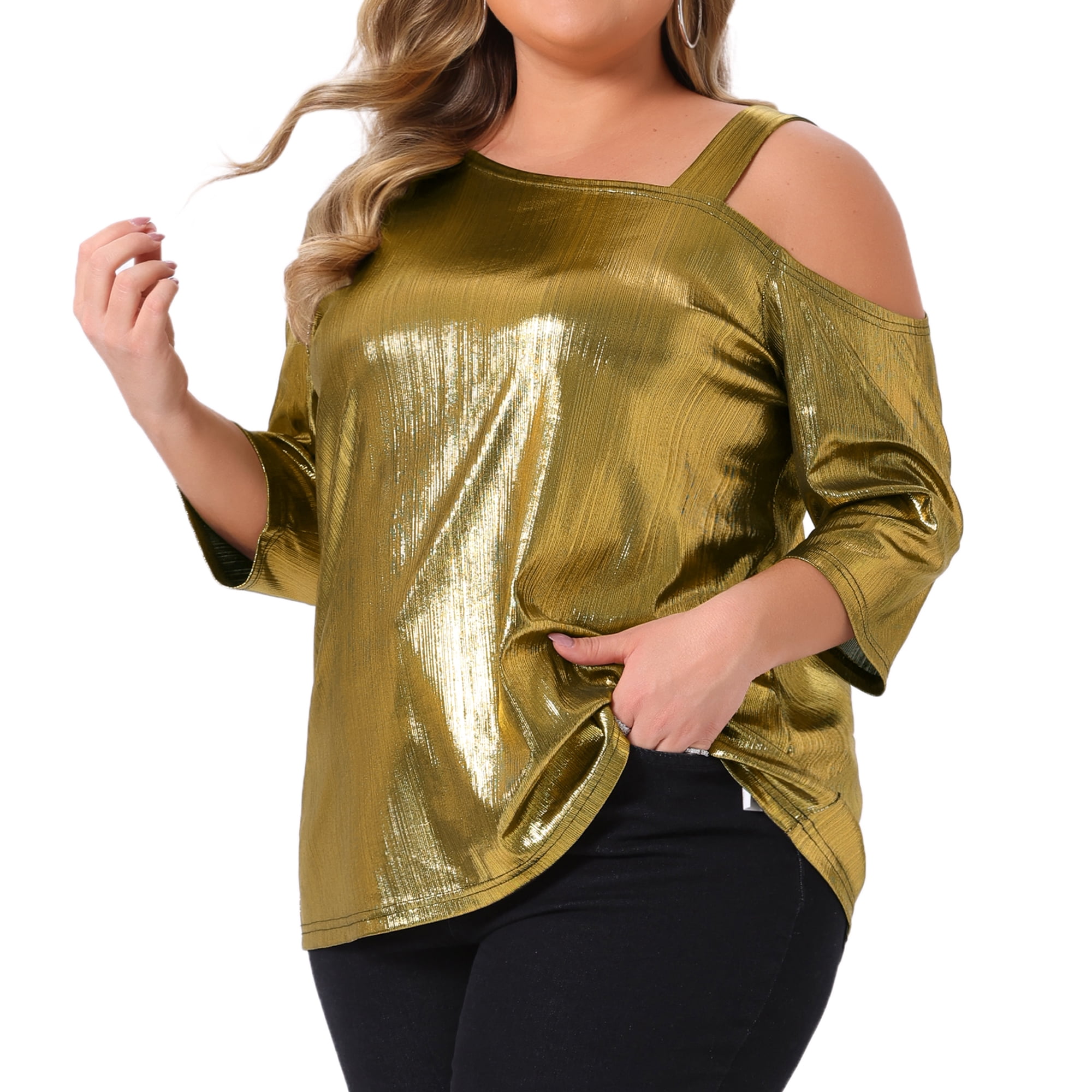 DARING DIVA  Women's Plus Metallic One Shoulder 3/4 Sleeve Shiny Blouse 3X Gold