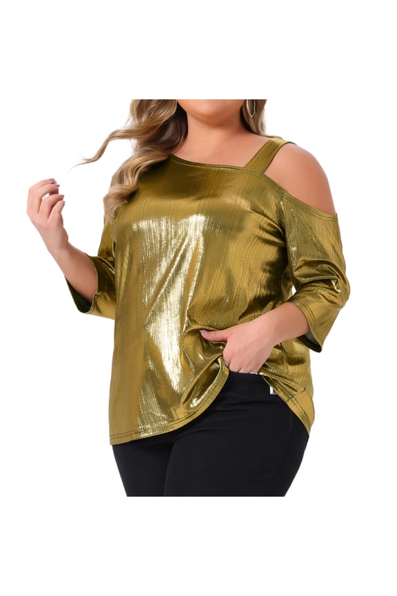 Women's Plus Metallic One Shoulder 3/4 Sleeve Shiny Blouse 4X Gold