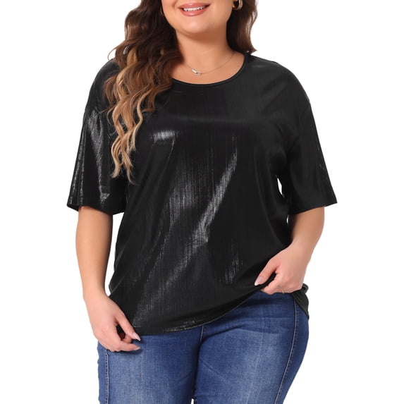 DARING DIVA Women's Plus Metallic Round Neck Blouse 1X Black