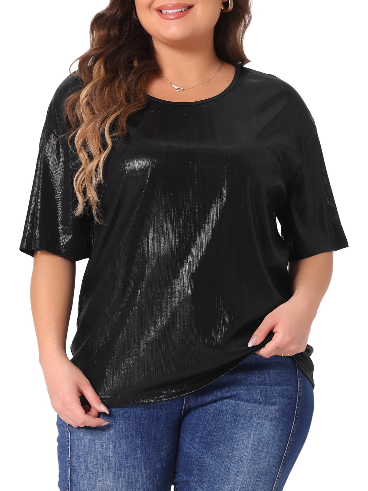 DARING DIVA Women's Plus Size Metallic Round Neck Short Sleeve Blouses 2X Black