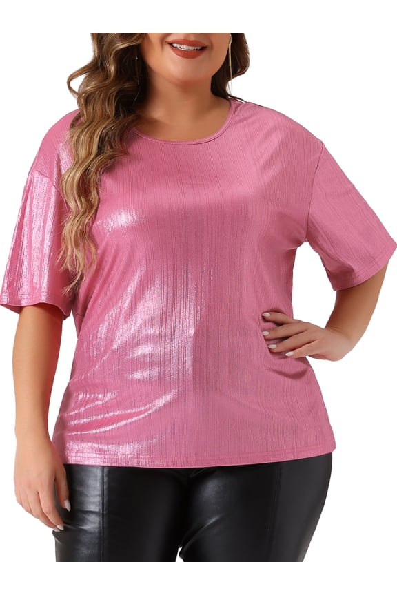 DARING DIVA Women's Plus Metallic Round Neck Blouse 2X Dark Pink