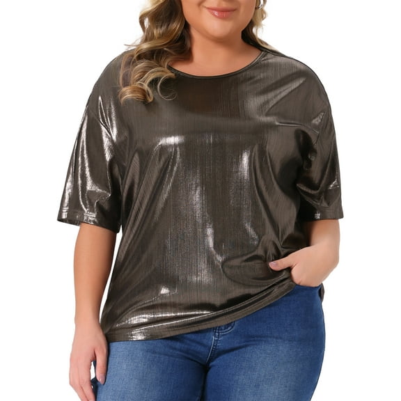 DARING DIVA Women's Plus Metallic Round Neck Blouse 3X Dark Brown