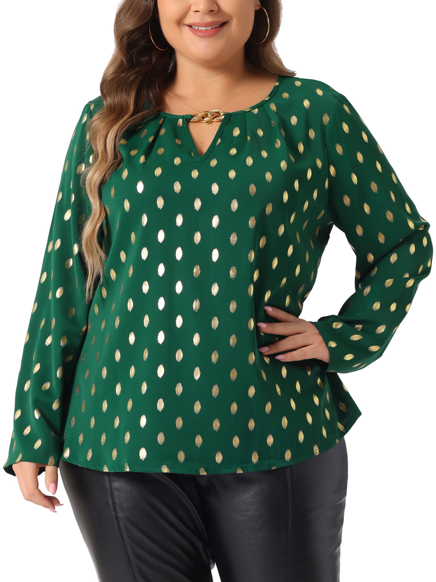 DARING DIVA Women's Plus Metallic Shiny Dots Blouse 3X Green