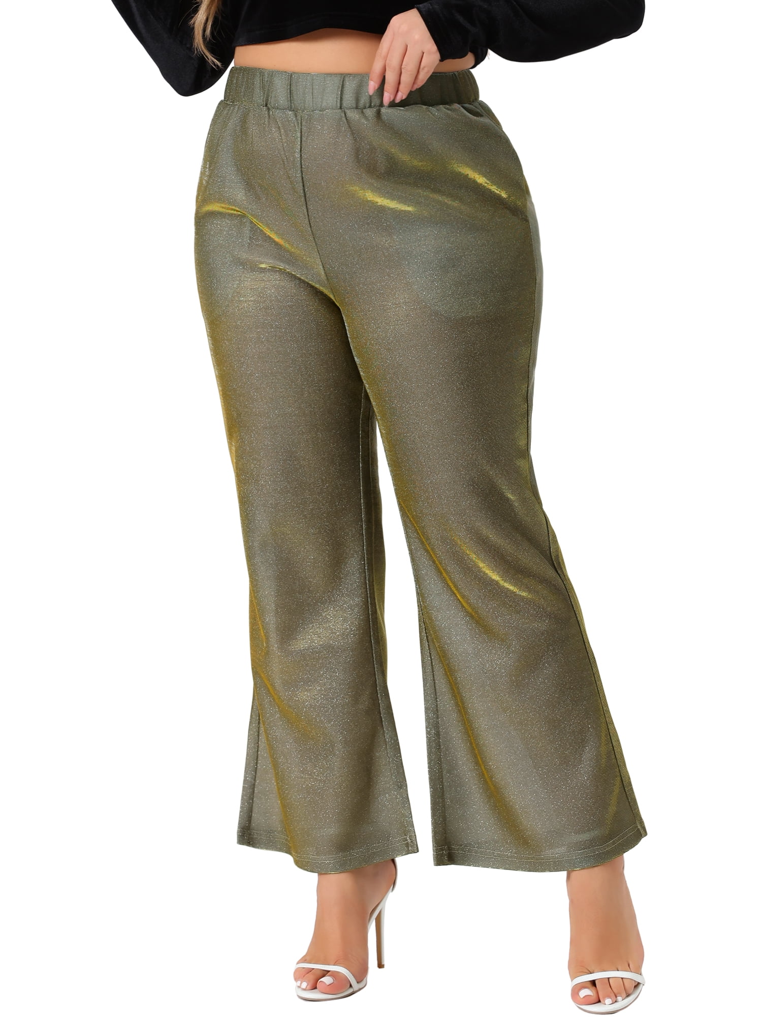 DARING DIVA Women's Plus Metallic Sparkly High Waist Wide Leg Pants 3X Gold