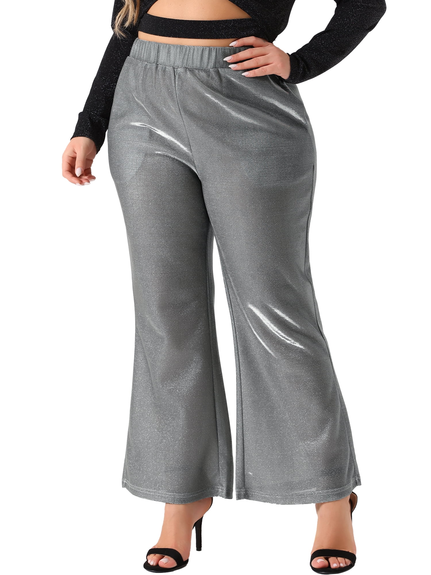 DARING DIVA Women's Plus Metallic Sparkly High Waist Wide Leg Pants 3X Silver