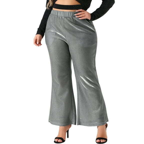 DARING DIVA Women's Plus Metallic Sparkly High Waist Wide Leg Pants 3X Silver