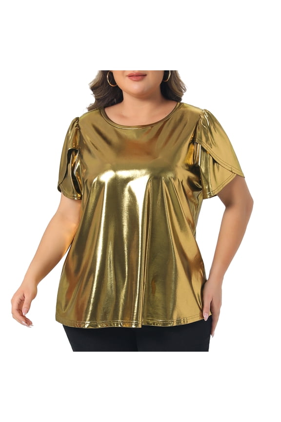 Women's Plus Metallic Crew Neck Short Sleeve Tops 2X Gold