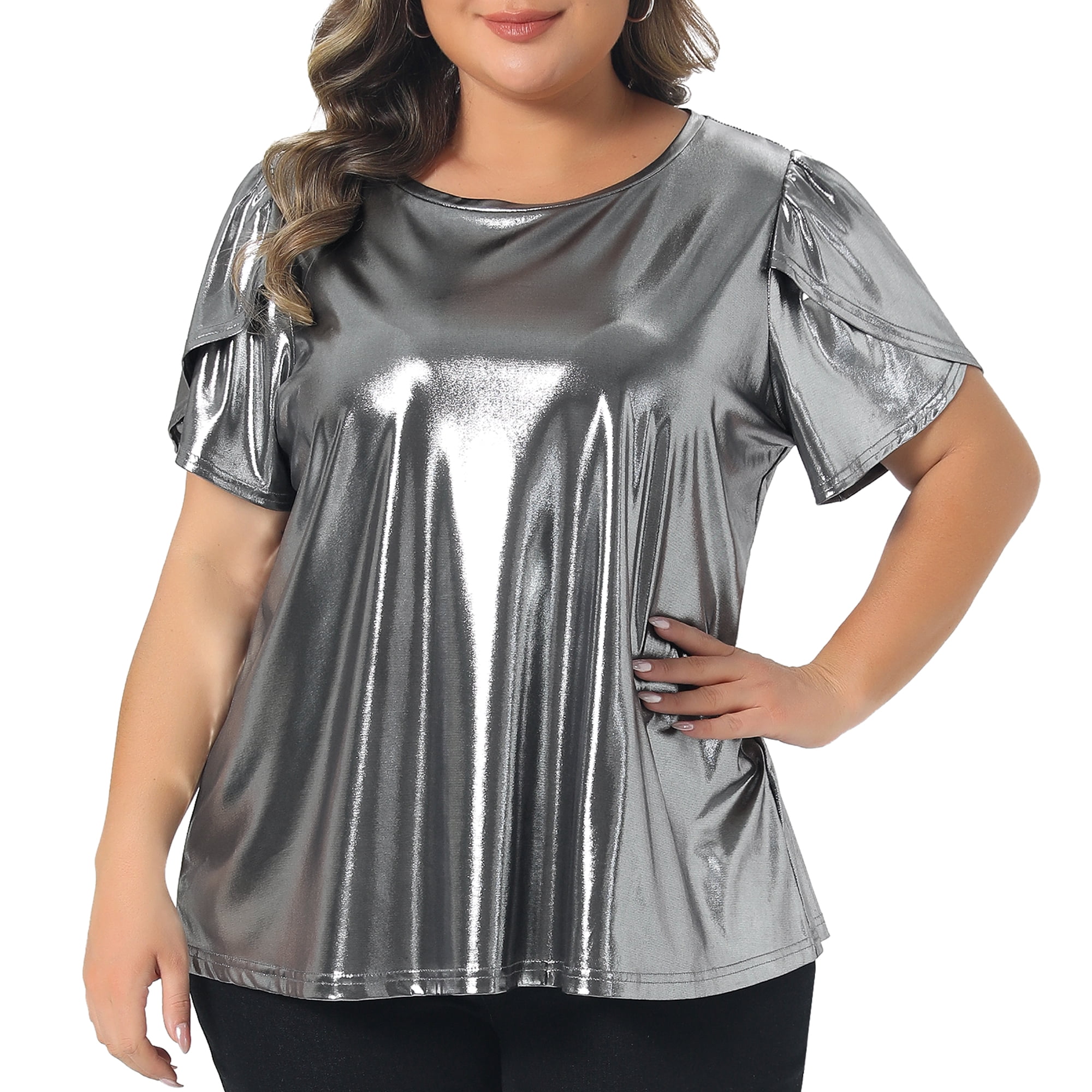 DARING DIVA Women's Plus Metallic Crew Neck Short Sleeve Tops 2X Silver