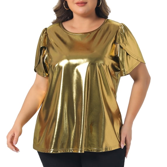 DARING DIVA Women's Plus Metallic Tops Crew Neck Short Sleeve Party Blouses 3X Gold