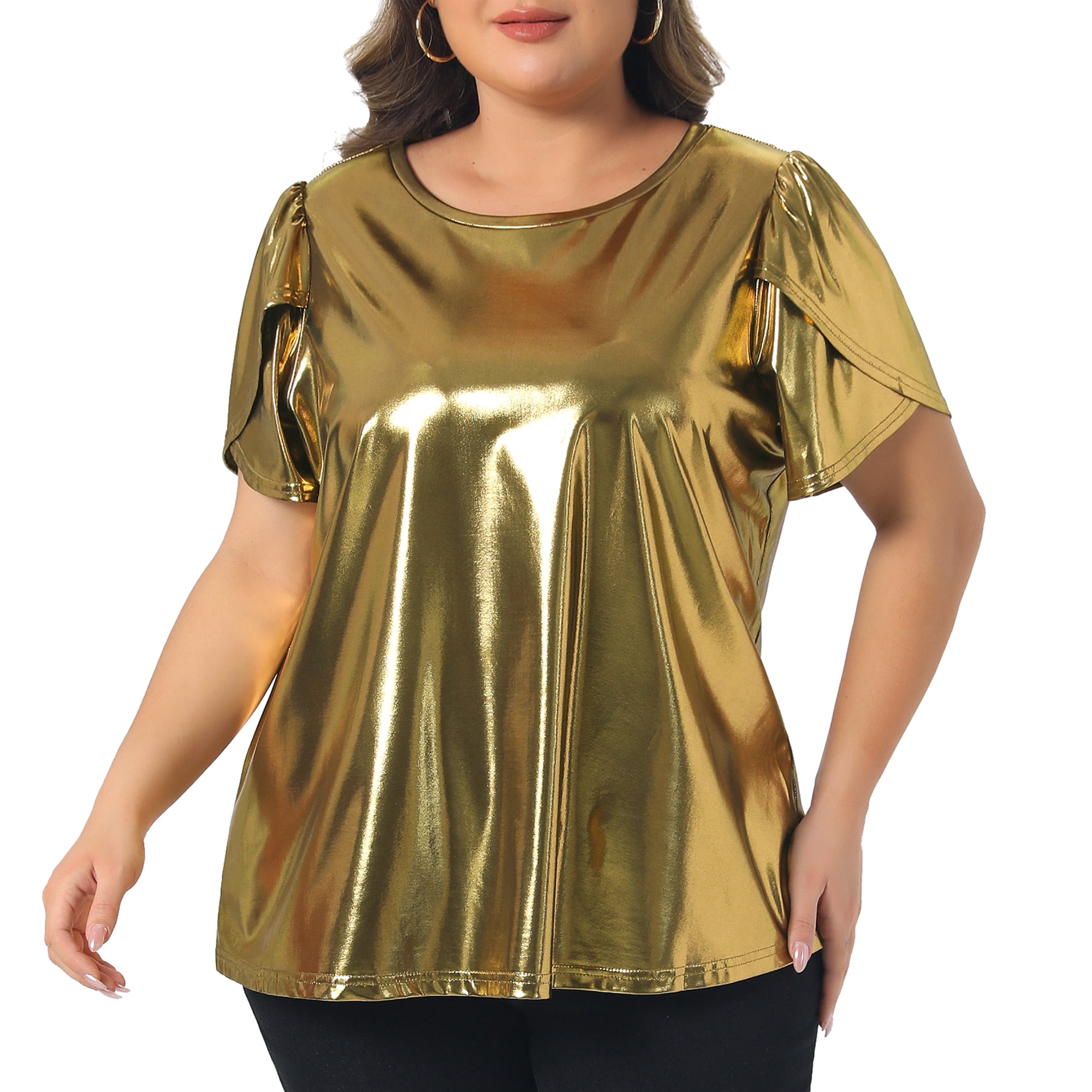 DARING DIVA Women's Plus Metallic Crew Neck Short Sleeve Tops 4X Gold