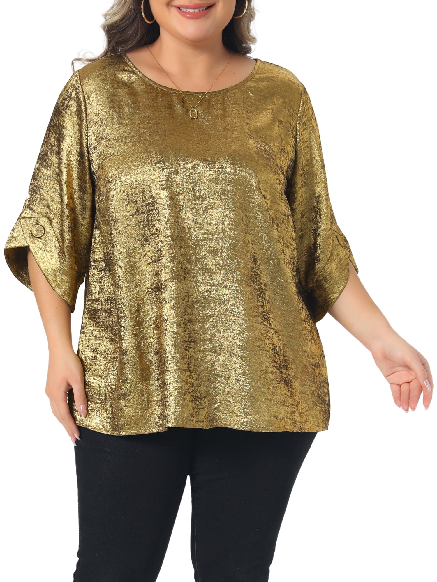 DARING DIVA Women's Plus Metallic Tops Sparkly Crew Neck Loose Shirts 1X Gold