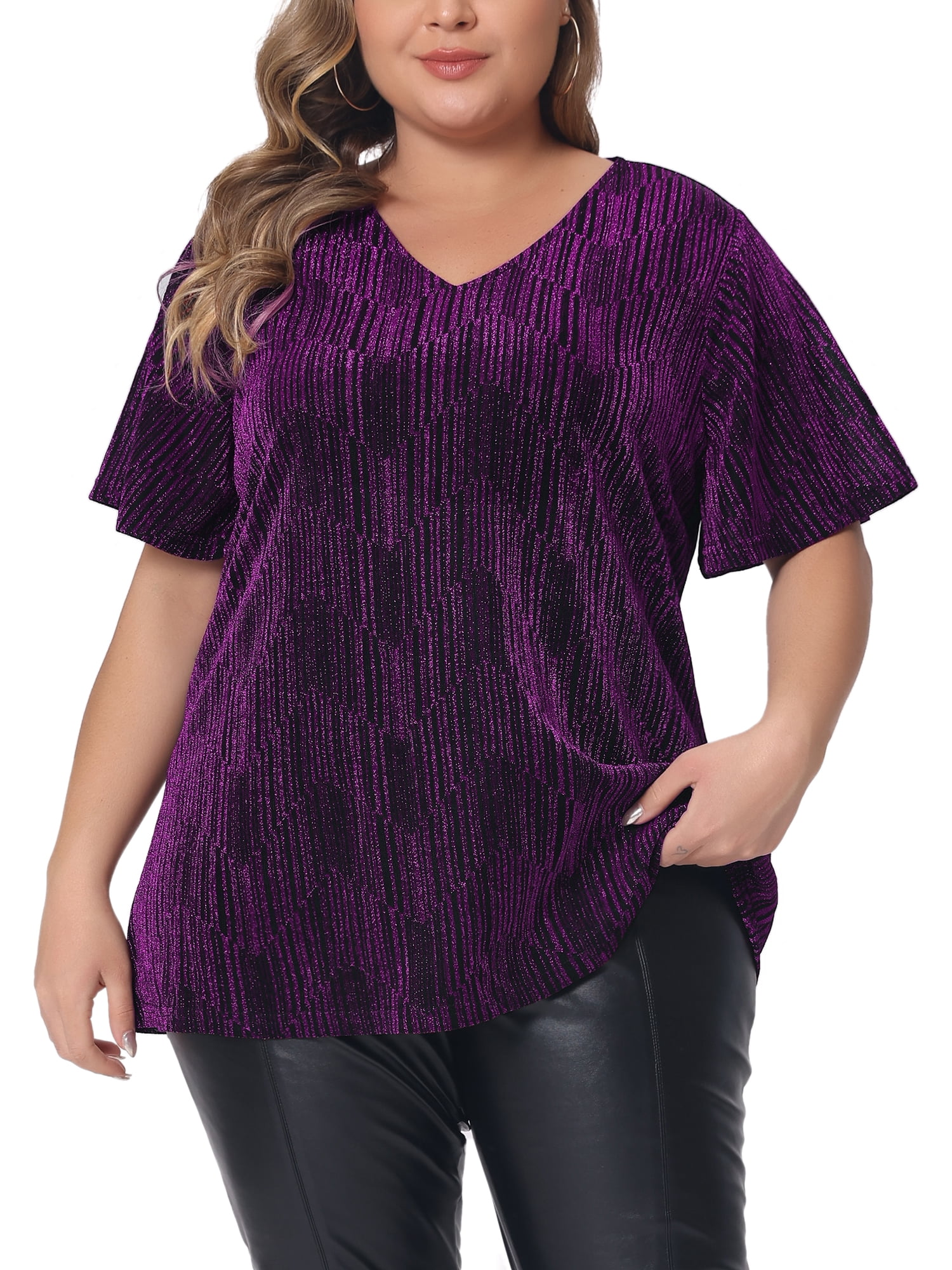 DARING DIVA Women's Plus Metallic Tops V Neck  T-Shirt Party Top Glitter Blouses 3X Purple