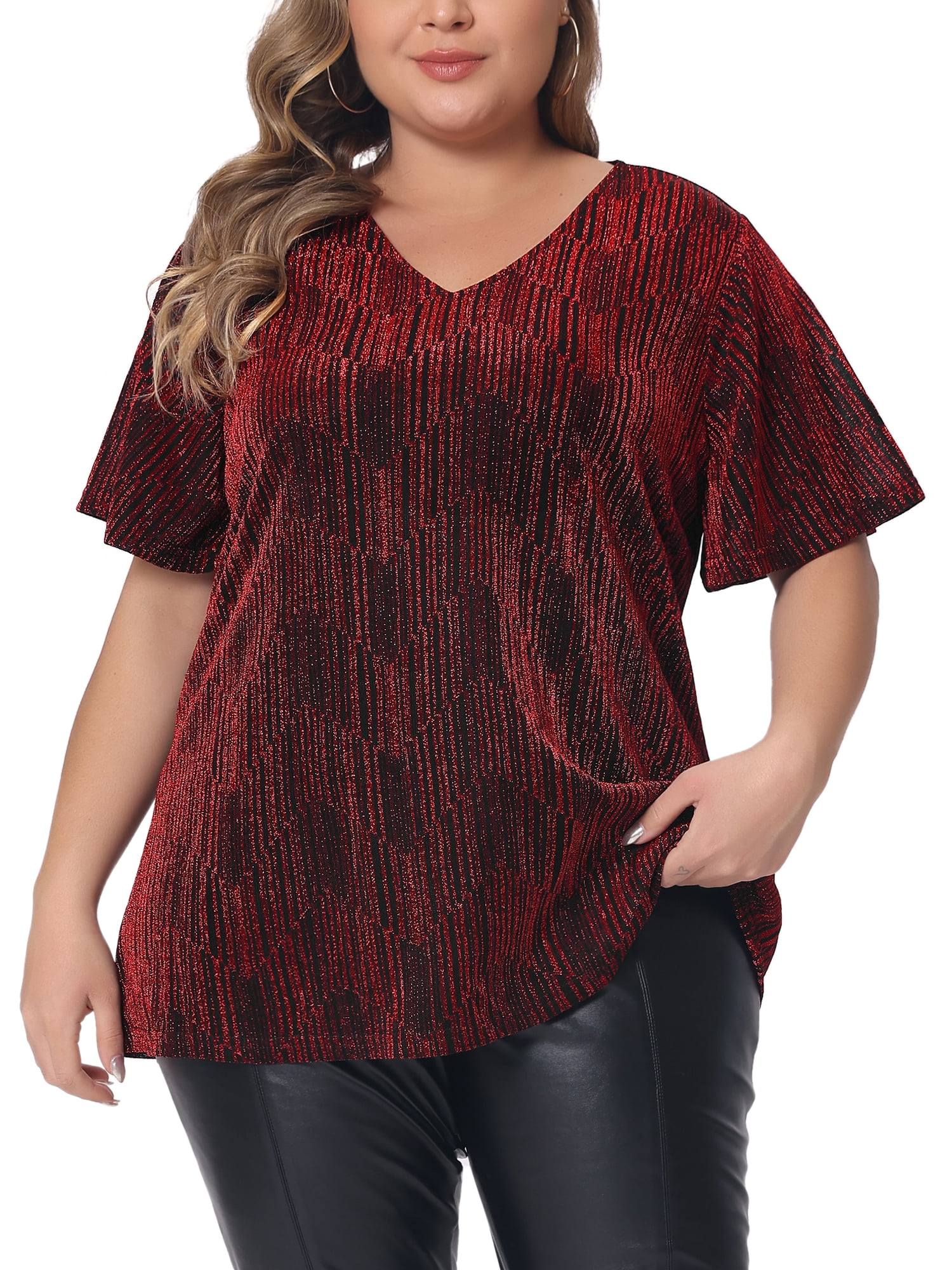 Women's Plus Metallic Tops V Neck Short Sleeve T-Shirt Party Top Glitter Blouses 1X Burgundy
