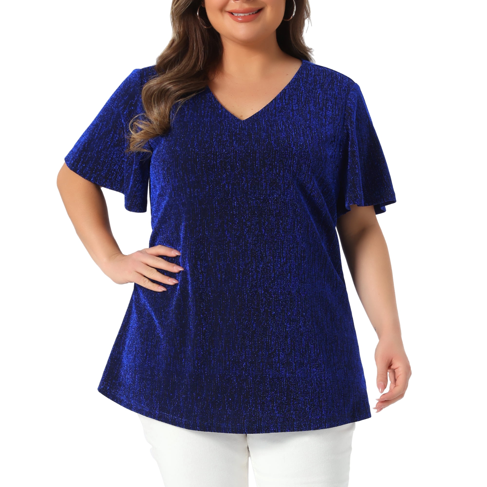 Women's Plus Metallic Tops V Neck Short Sleeve T-Shirt Party Top Glitter Blouses 1X Royal Blue