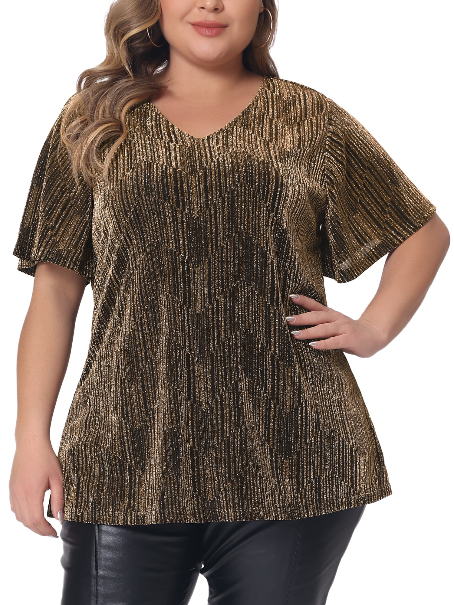 Women's Plus Metallic Tops V Neck Short Sleeve T-Shirt Party Top Glitter Blouses 2X Gold