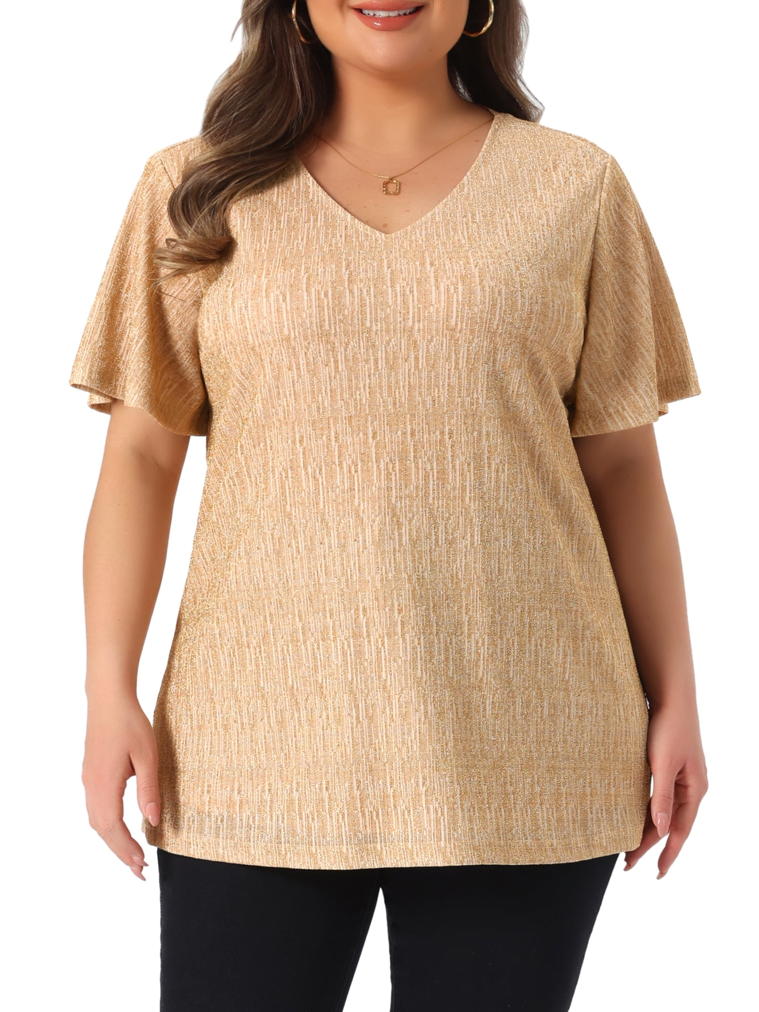 Women's Plus Metallic Tops V Neck Short Sleeve T-Shirt Party Top Glitter Blouses 4X Champagne