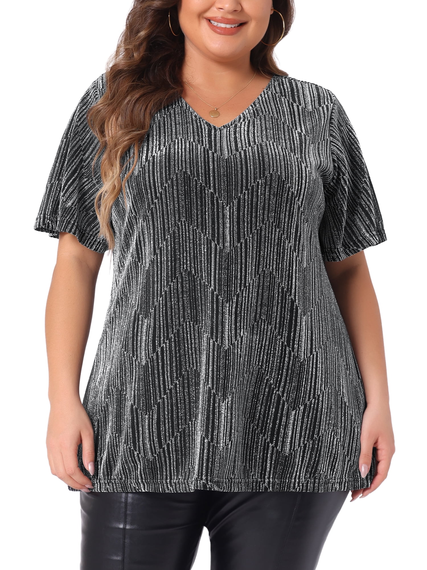Women's Plus Metallic Tops V Neck Short Sleeve T-Shirt Party Top Glitter Blouses 5X Silver