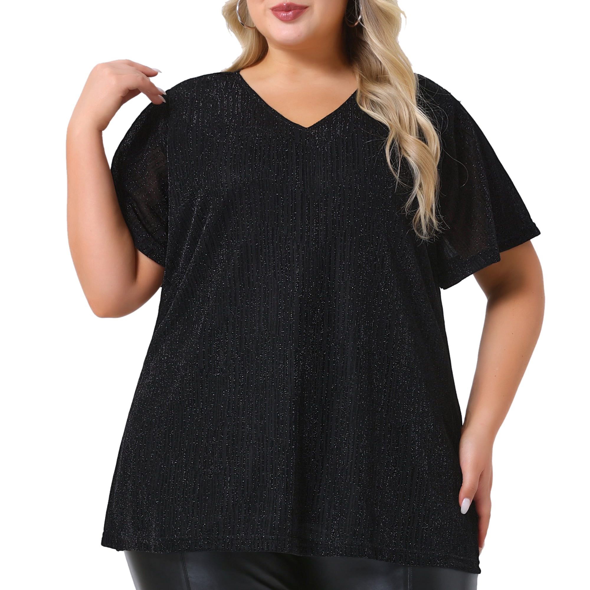 Women's Plus Metallic Tops V Neck Short Sleeve T-Shirt Party Top Glitter Blouses 3X Black