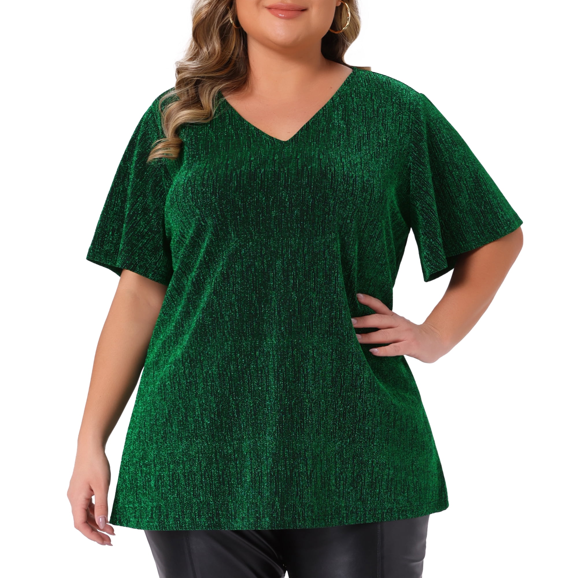 Women's Plus Metallic Tops V Neck Short Sleeve T-Shirt Party Top Glitter Blouses 3X Green