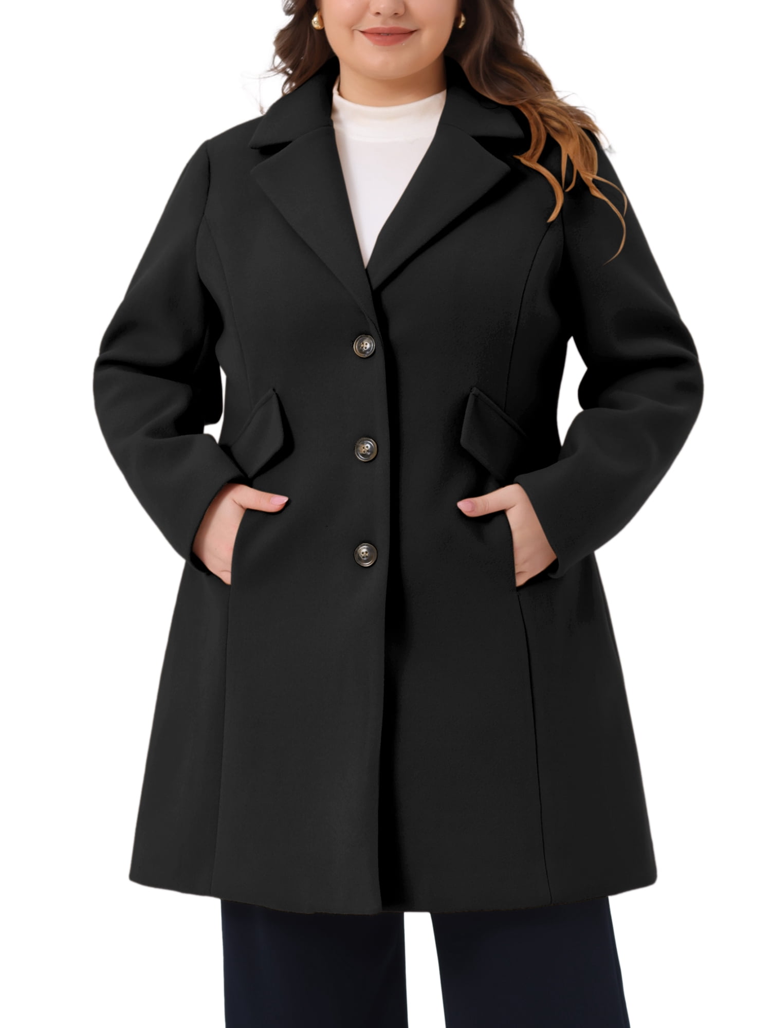 DARING DIVA Women's Plus Mid Length Notch Lapel Single Breasted Pea Jacket 1X Black