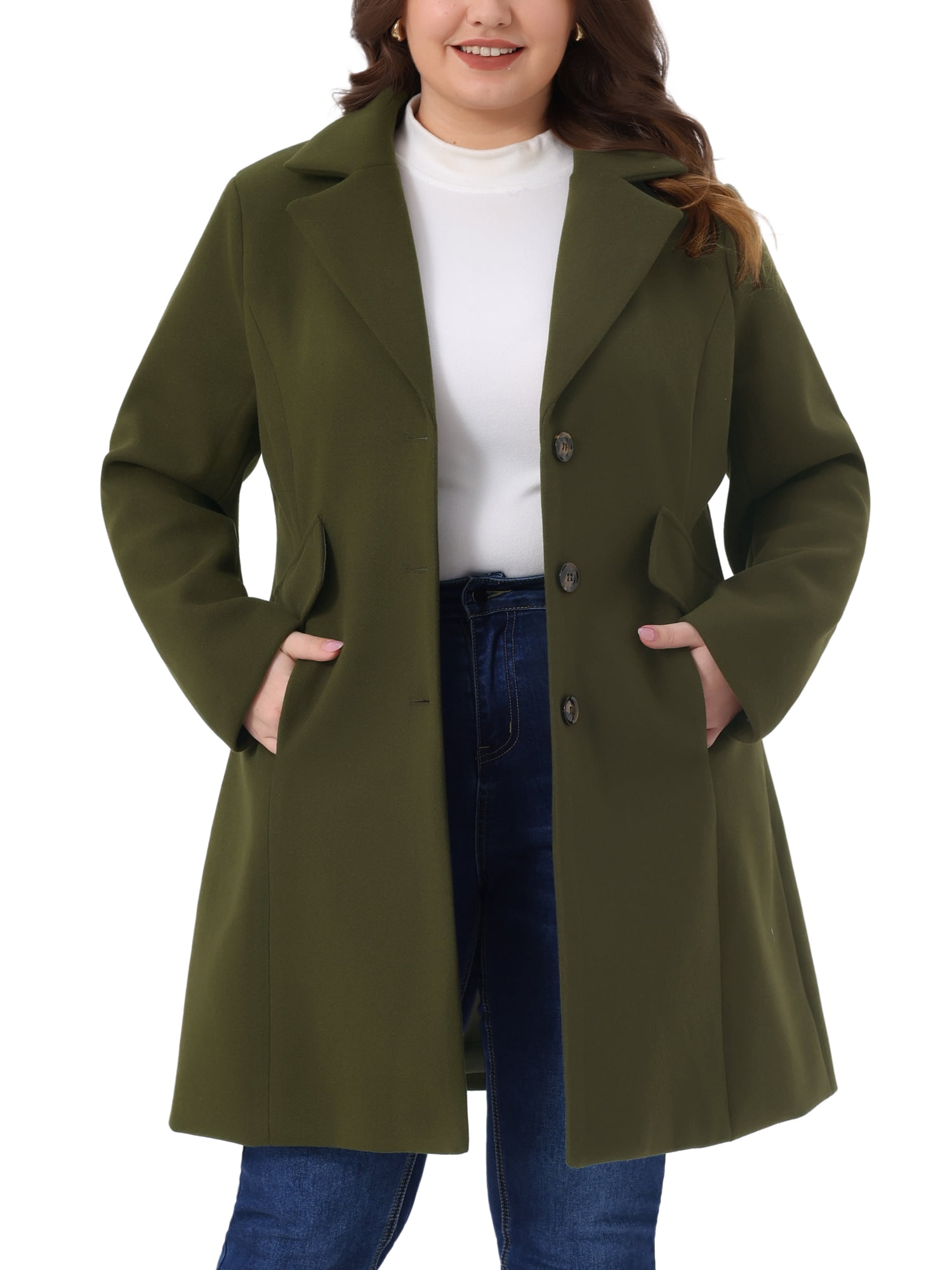 DARING DIVA Women's Plus Mid Length Notch Lapel Single Breasted Pea Jacket 2X Army Green