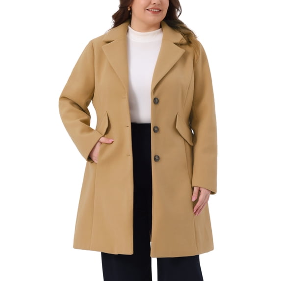DARING DIVA Women's Plus Mid Length Notch Lapel Single Breasted Pea Jacket 3X Camel
