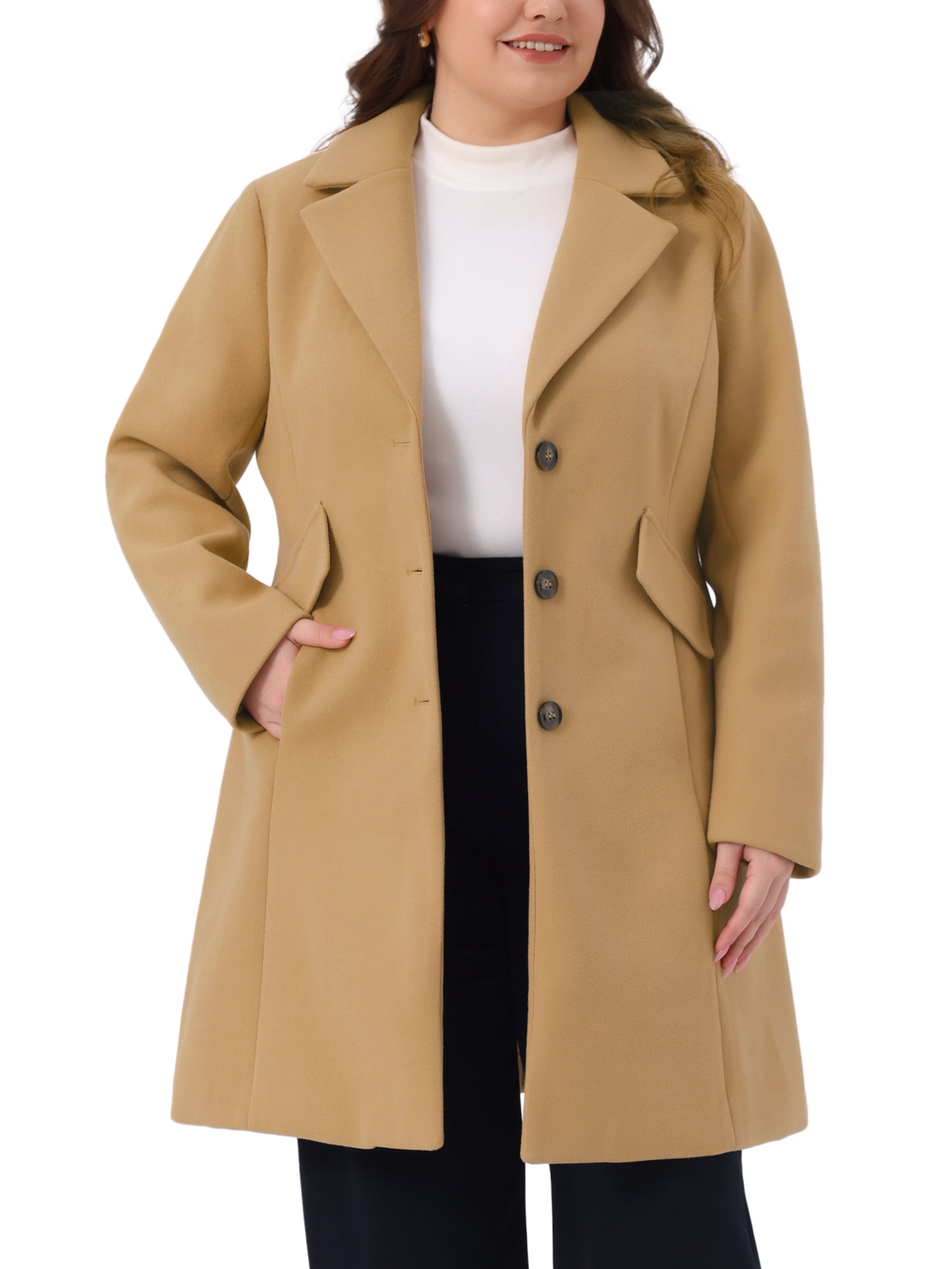 DARING DIVA Women's Plus Mid Length Notch Lapel Single Breasted Pea Jacket 4X Camel