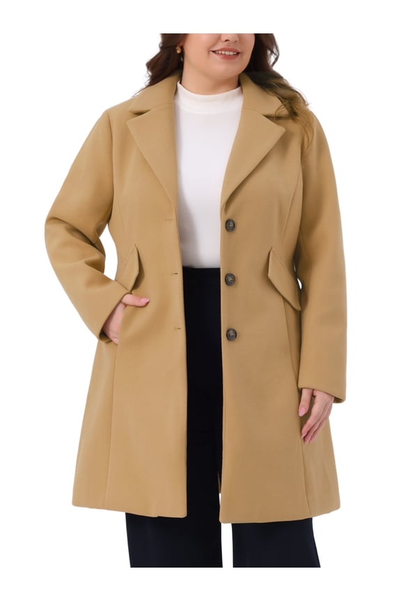 Women's Plus Mid Length Notch Lapel Single Breasted Pea Jacket 4X Camel