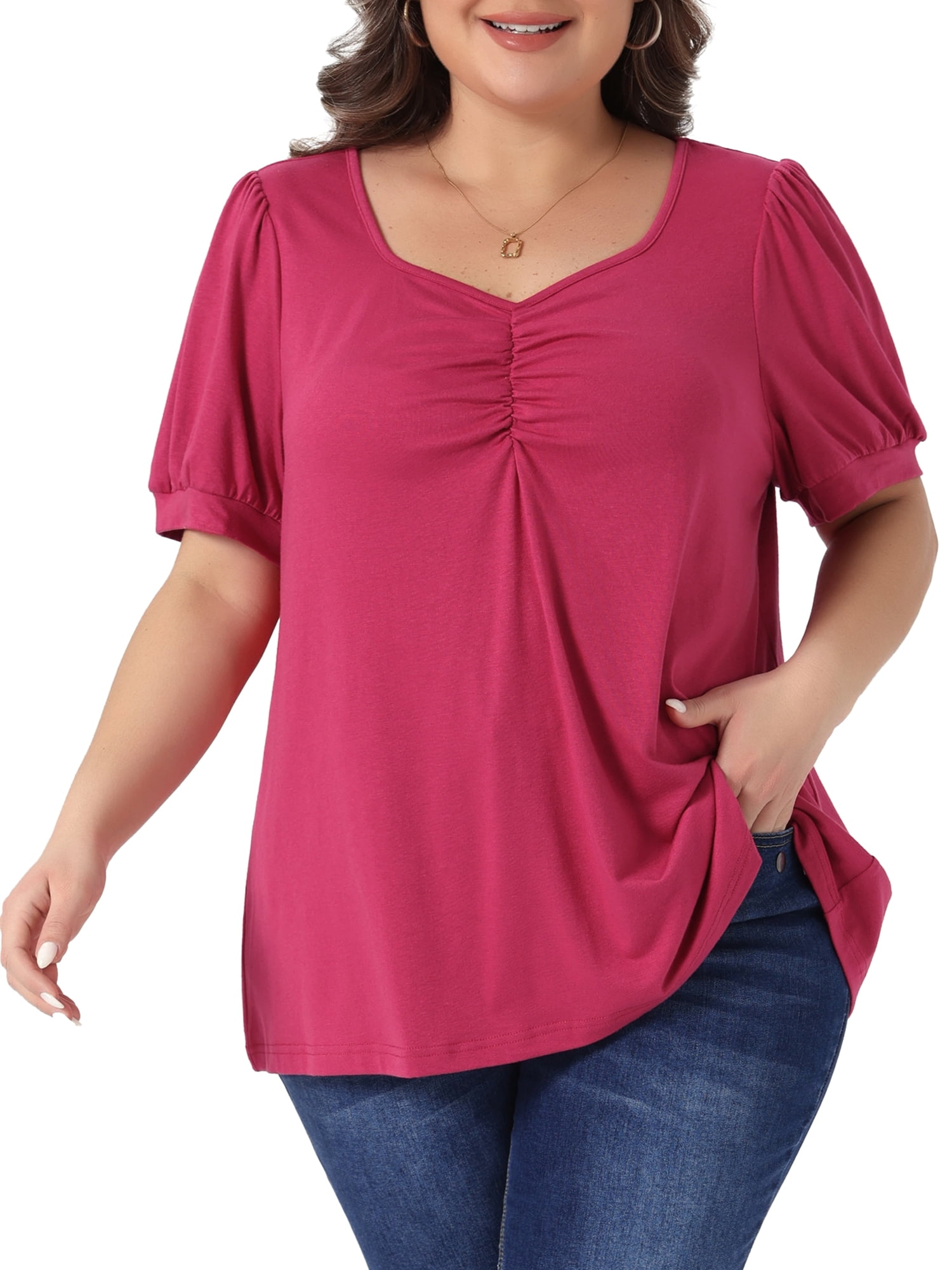 DARING DIVA Women's Plus Neck Puff Sleeve Casual Blouse Tee Shirt 2X Rose Red