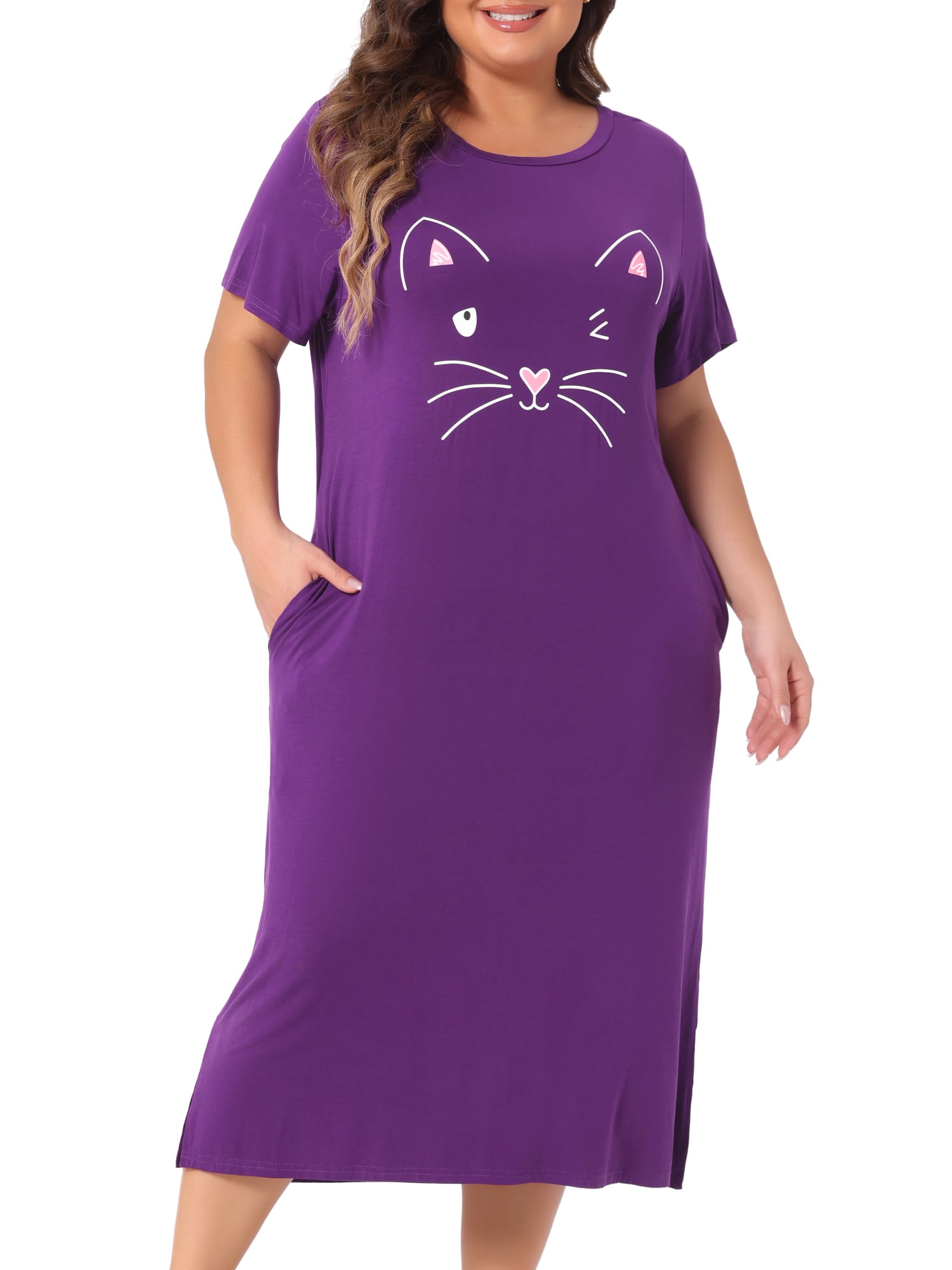 Unique Bargains Women's Plus Size Cute Cat Print Pockets Nightgown 3X Dark Purple