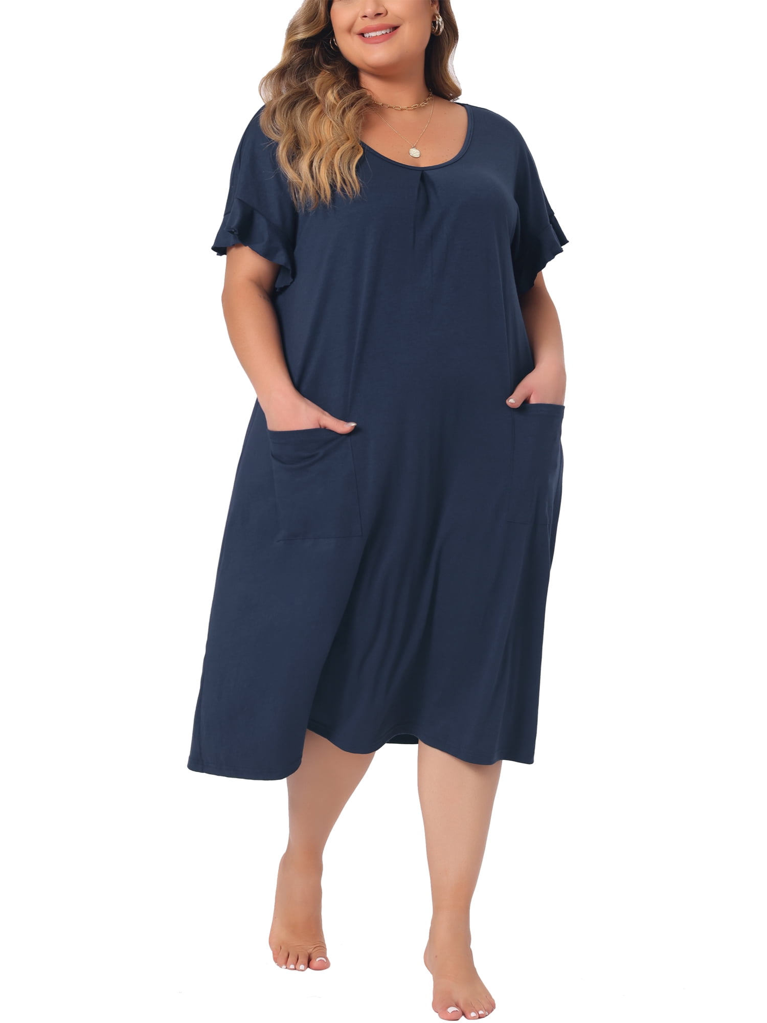 DARING DIVA Women's Plus Nightgown Short Sleeve Round Neck Soft Nightshirt 1X Navy Blue