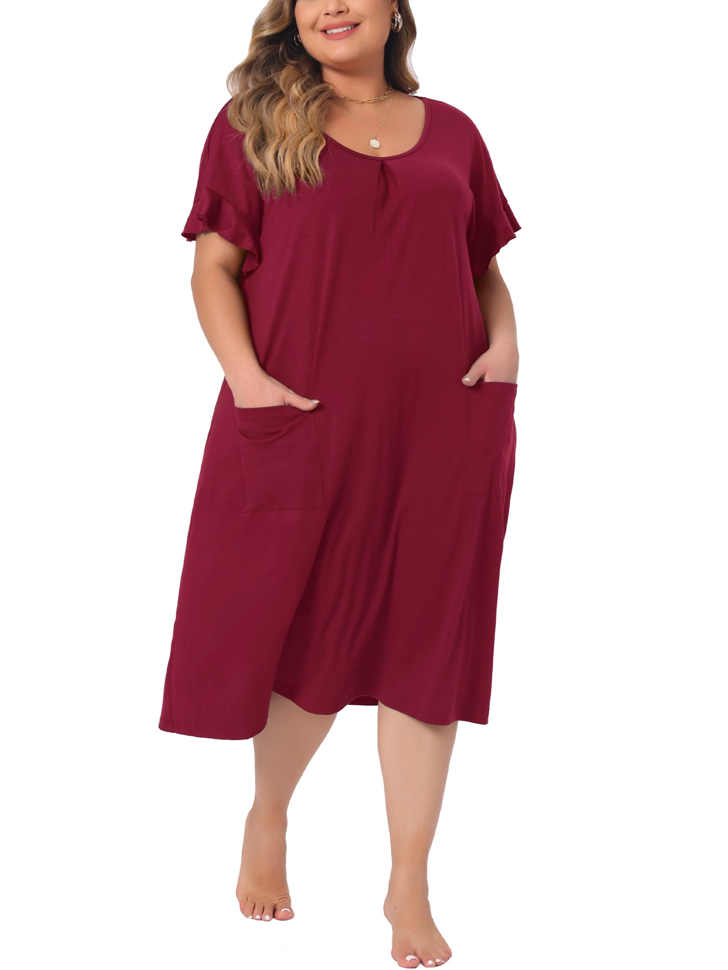 DARING DIVA Women's Plus Nightgown Short Sleeve Round Neck Soft Nightshirt 2X Wine Red