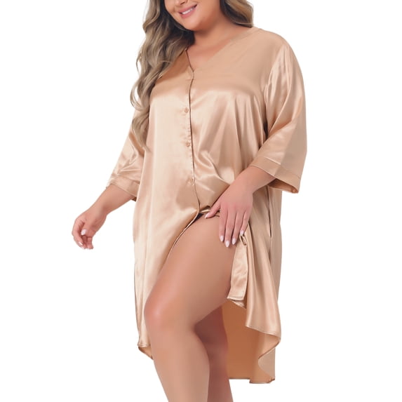 DARING DIVA Women's Plus Nightshirt Satin Button Down 3/4 Sleeve Nightgown 1X Champagne