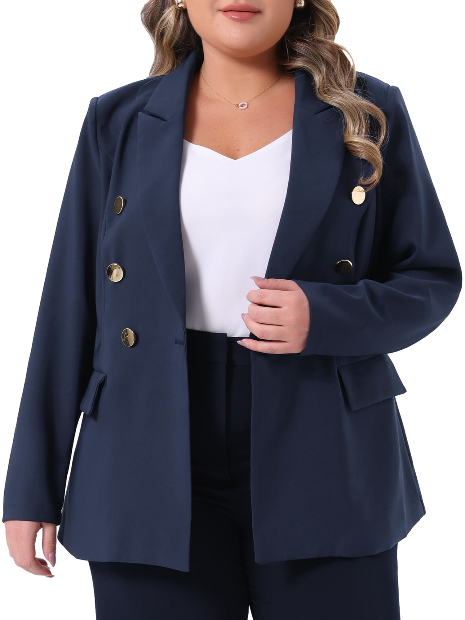 DARING DIVA Women's Plus Notch Lapel Double Breasted Office Work Blazer 3X Navy Blue