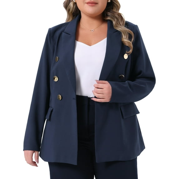 DARING DIVA Women's Plus Notch Lapel Double Breasted Office Work Blazer 3X Navy Blue