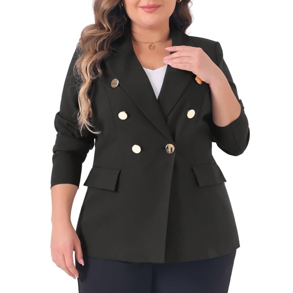 DARING DIVA Women's Plus Notch Lapel Double Breasted Office Work Blazer Black 1X