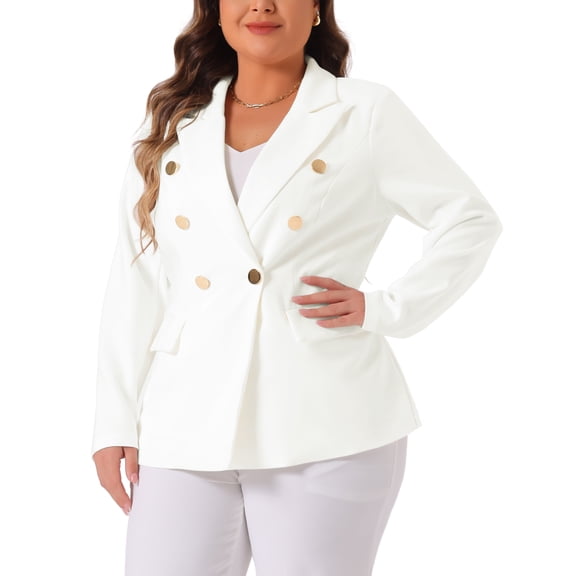 DARING DIVA Women's Plus Notch Lapel Double Breasted Office Work Blazer White 1X