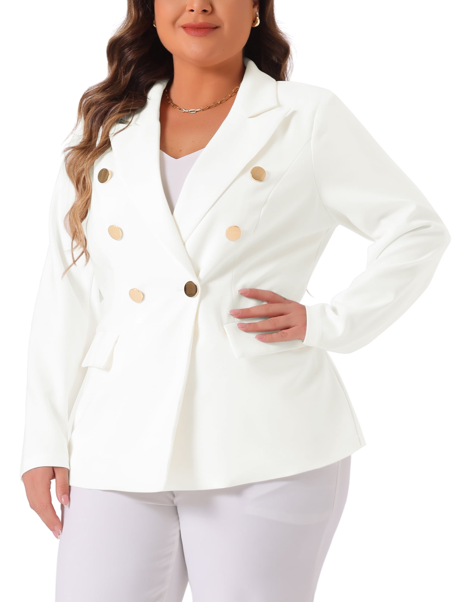 DARING DIVA Women's Plus Notch Lapel Double Breasted Office Work Blazer 4X White