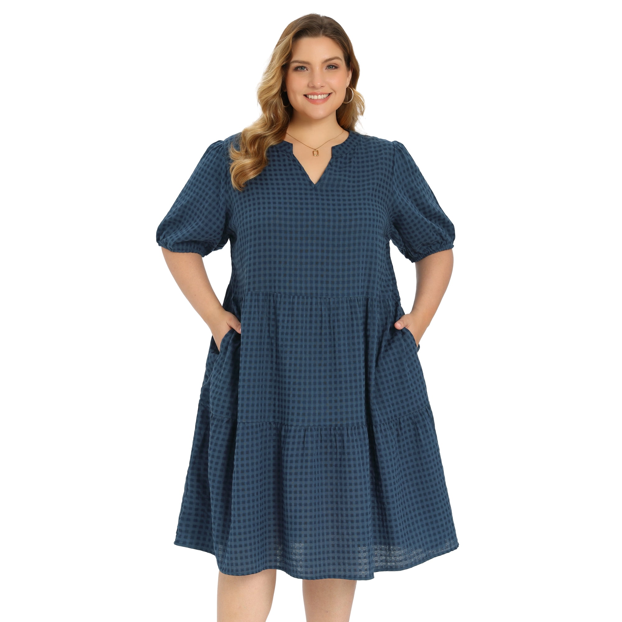 DARING DIVA Women's Plus Notch Neck Plaid Puff Sleeve Tiered Midi Dress 3X Navy Blue