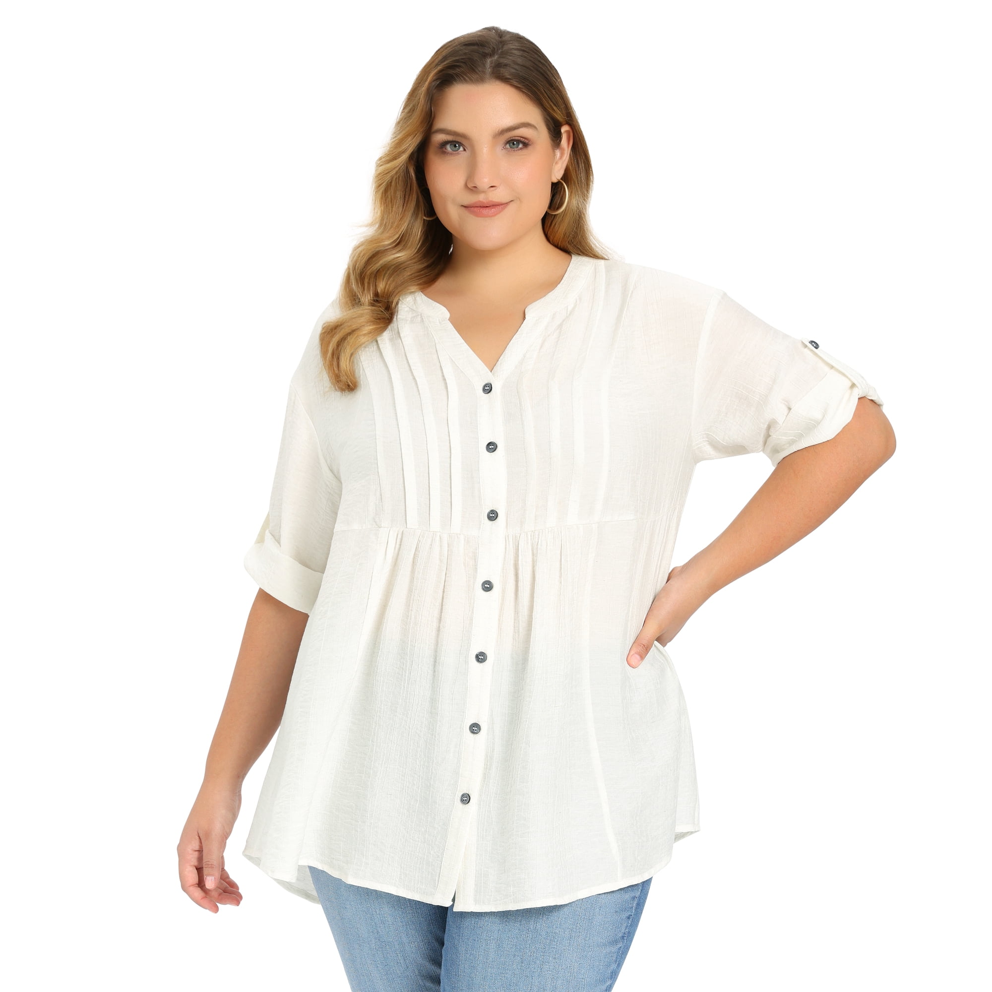 DARING DIVA Women's Plus Notch V Neck 3/4 Sleeve Pleated Textured Dressy Button Shirts 1X White