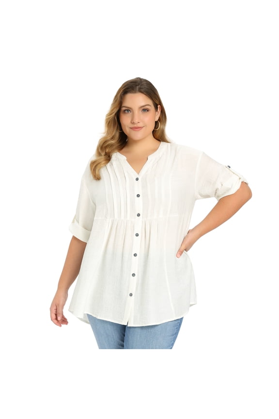 Women's Plus Notch V Neck 3/4 Sleeve Pleated Textured Dressy Button Shirts 3X White