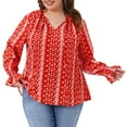 thumbnail image 1 of DARING DIVA Women's Plus Notch V Neck Drawstring Tassel Tie Blouse 1X Red, 1 of 6