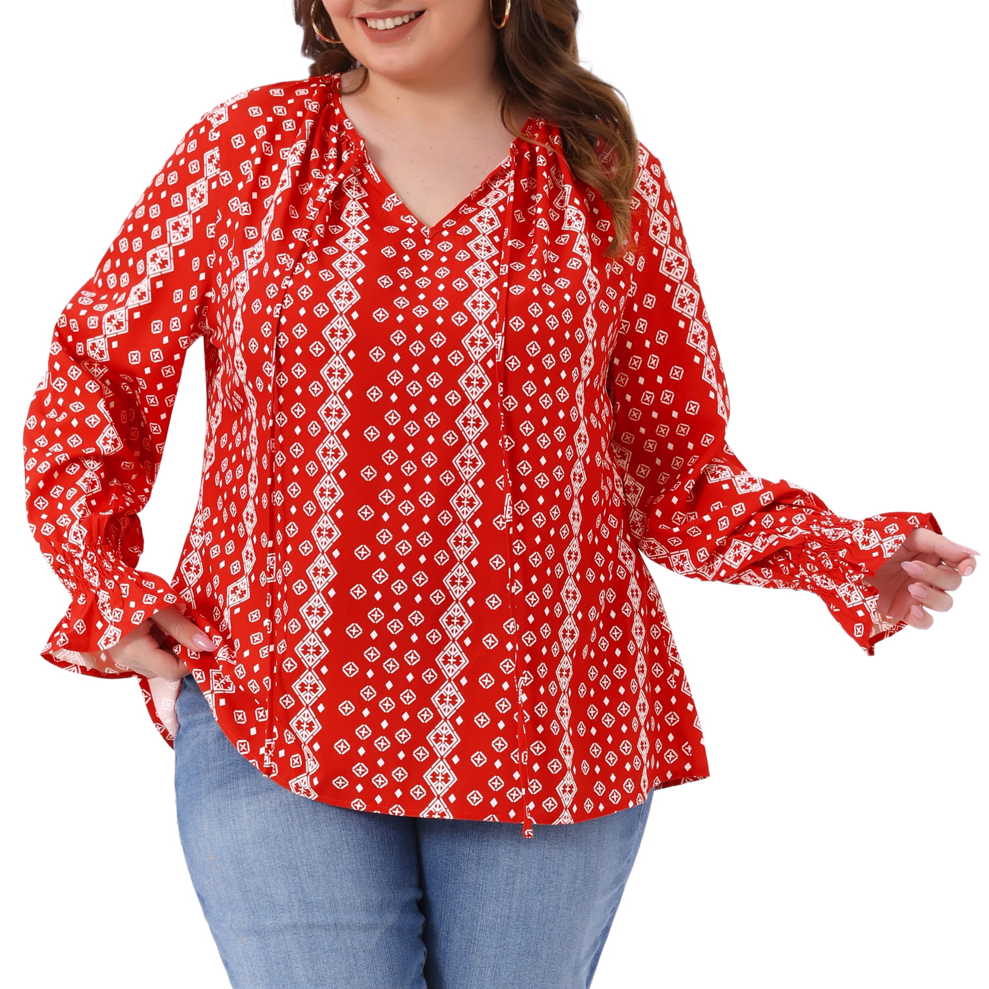 DARING DIVA Women's Plus Notch V Neck Drawstring Tassel Tie Blouse 4X Red